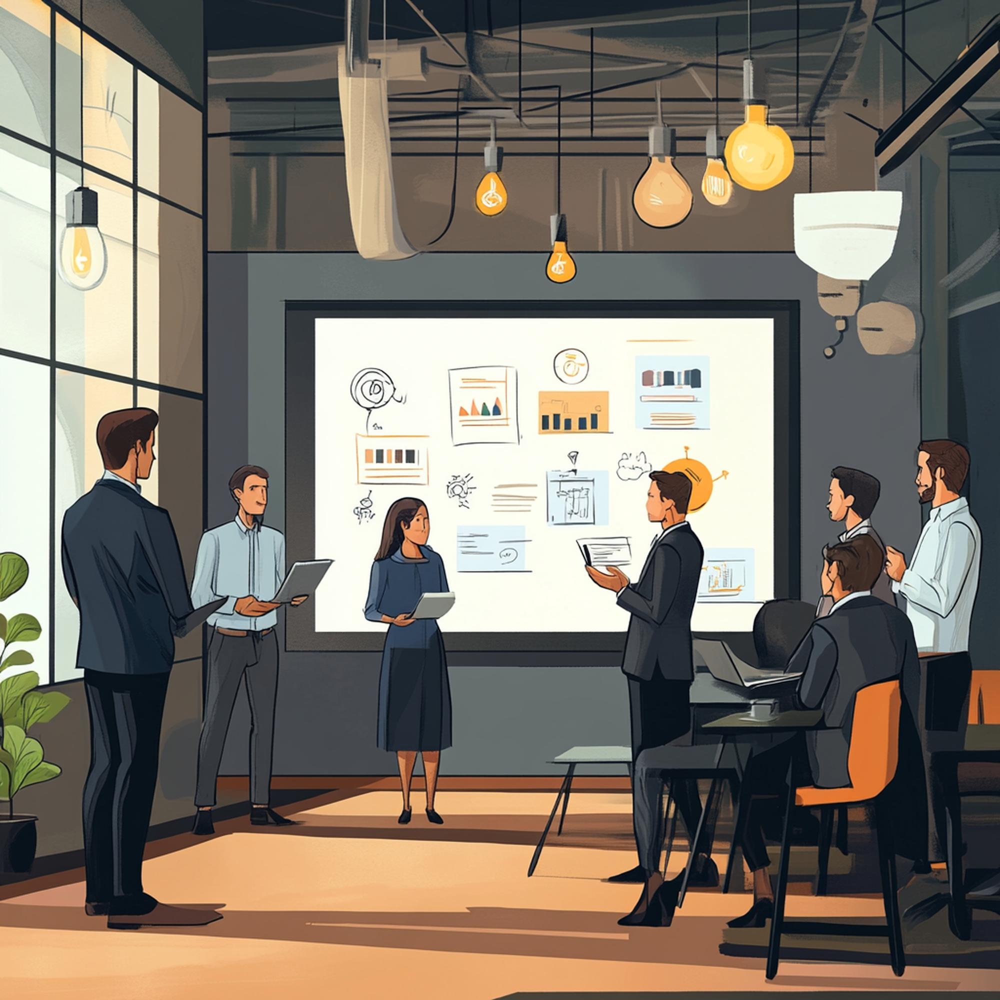 Boardroom presentation displaying quarterly results and strategic recommendations for executives